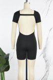 Черная повседневная спортивная одежда, однотонные узкие комбинезоны с открытой спиной и круглым вырезом