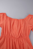 Orangefarbenes, lässiges, solides Patchwork mit Gürtel, schulterfreies, langärmliges Kleid