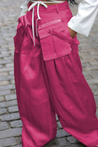 Rose Red Street Patchwork liso Botones de bolsillo Cremallera Suelta Cintura alta Pierna ancha Pantalones de color sólido