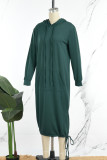 Зеленые повседневные однотонные платья с воротником с капюшоном и длинными рукавами