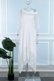 ホワイトエレガントなソリッドレースパッチワーク斜め襟不規則なドレスドレス