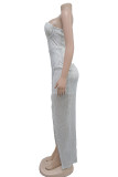 ホワイト セクシー ソリッド スパンコール パッチワーク バックレス スリット ストラップレス ロング ドレス (実際のオブジェクトに従う)