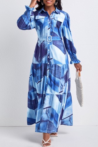 Blue Casual Print Patchwork Turndown Collar Long Sleeve Dresses
