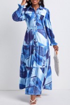 ブルー カジュアル プリント パッチワーク ターンダウン カラー ロング スリーブ ドレス