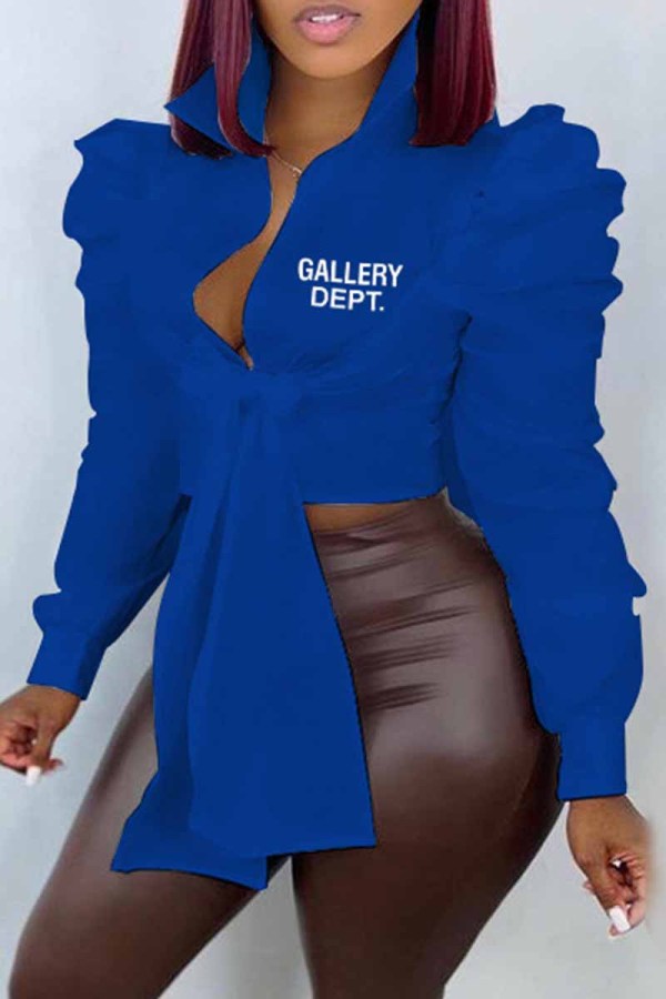 Top con colletto couverture con lettera con fasciatura stampata blu sexy