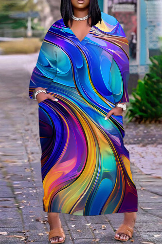 Blue Casual Print Basic V Neck Long Dress Dresses