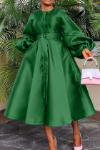 Зеленые повседневные однотонные бандажные лоскутные платья с пряжкой и круглым вырезом с длинным рукавом