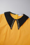 Robes jaunes décontractées à col rabattu et patchwork à manches longues