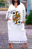 ブラック ホワイト カジュアル プリント ベーシック V ネック ロング ドレス ドレス