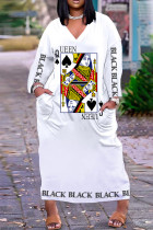 Witte casual print basic v-hals lange jurk jurken