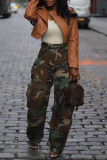 Camouflage Lässige Jeans mit Camouflage-Print, Patchwork, hoher Taille und geradem Denim
