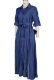Blaue Straßen-Bandage-Patchwork-Schnalle, hohe Öffnung, Umlegekragen, langes Kleid