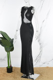 黒のセクシーなフォーマルパッチワークホット掘削シースルーバックレス O ネックイブニングドレスドレス