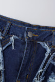 Azul Sexy Sólido Rasgado Patchwork Botões Zíper Cintura Alta Bota Corte Jeans Jeans