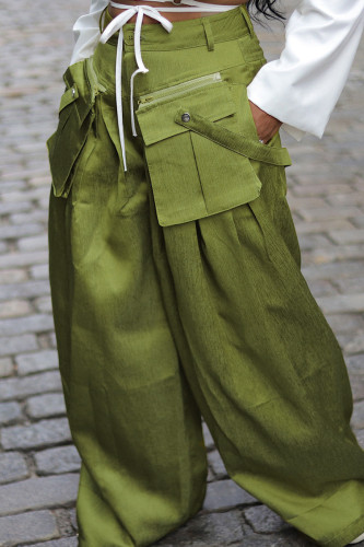 Verde rua sólido retalhos bolso botões zíper solto cintura alta perna larga cor sólida bottoms