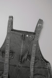 Hellblaue, lässige, solide Patchwork-Taschenknöpfe, ärmellose, lockere Denim-Overalls mit hoher Taille
