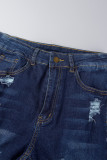 Tiefblaue, lässige, solide, zerrissene, Patchwork-Jeansshorts mit hoher Taille und schmaler Passform