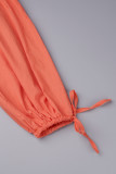 Orangefarbenes, lässiges, solides Patchwork mit Gürtel, schulterfreies, langärmliges Kleid