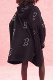 Zwarte casual print patchwork zak met capuchon kraag en lange mouwen jurken