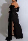 Черное сексуальное официальное однотонное лоскутное длинное платье с открытой спиной и разрезом без бретелек