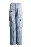 Blue Casual Solid Patchwork High Waist Regular Ripped Cargo Denim Jeans