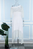 Witte elegante effen kanten patchwork schuine kraag onregelmatige jurkjurken