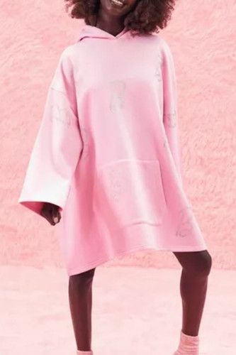 ピンク カジュアル プリント パッチワーク ポケット フード付き襟 長袖 ドレス