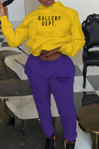 Желтый Фиолетовый Повседневная С принтом Пэчворк С завязками Карман Воротник с капюшоном Длинный рукав Из двух частей