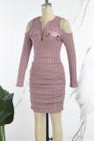 Burgundy Casual Solid Hollowed Out V Neck Long Sleeve Dresses