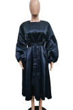 Черные повседневные однотонные лоскутные платья с пряжкой и круглым вырезом с длинным рукавом