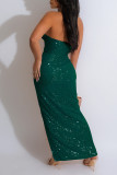 Green Sexy Solid Sequins Patchwork Backless Slit Strapless Long Dress (Subject To The Actual Object )