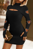 Zwarte elegante effen uitgeholde patchwork hete boorjurken met O-hals omwikkelde rok