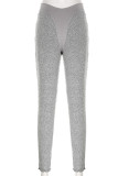 Pantaloni skinny casual a tinta unita a vita media con patchwork solido grigio