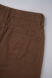Jeans in denim regolari a vita alta tinta unita casual marrone chiaro