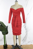 Rode sexy casual effen patchwork off-shoulder jurken met lange mouwen