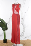 Vermelho sexy formal retalhos perfuração quente transparente sem costas o pescoço vestido de noite vestidos