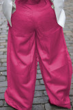 Rosa vermelha rua sólida retalhos bolso botões zíper solto cintura alta perna larga cor sólida bottoms