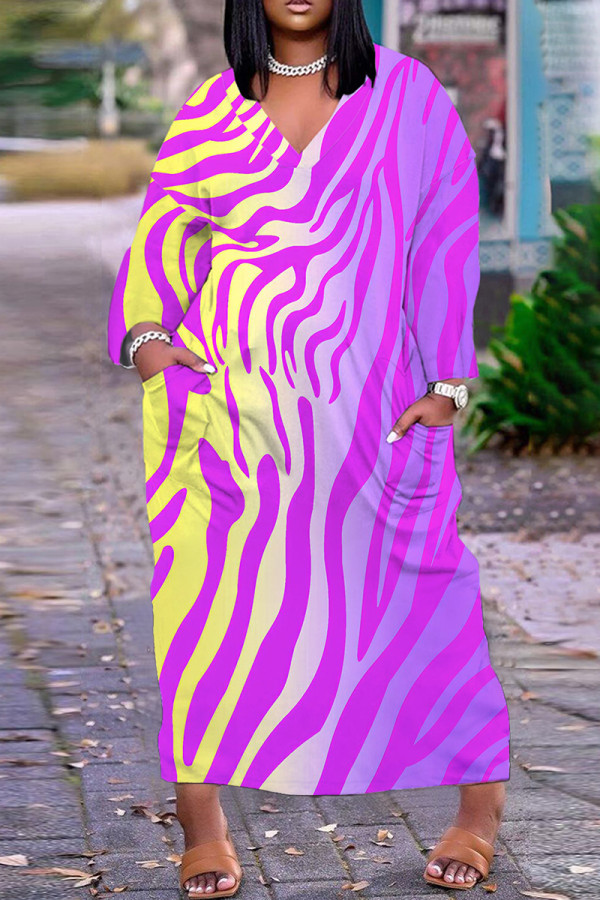 Пурпурные повседневные платья с базовым длинным платьем и V-образным вырезом с принтом