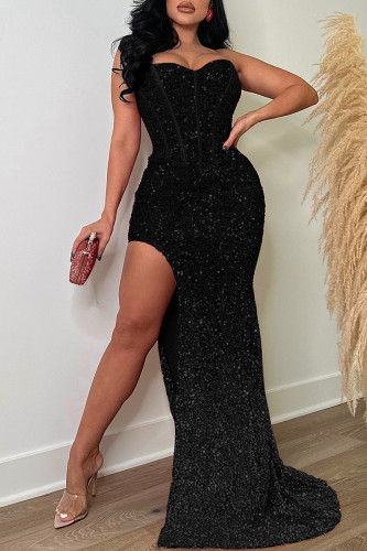 Black Sexy Formal Solid Sequins Patchwork Backless Slit Scalloped Long Dress Dresses