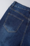 Short en jean skinny taille haute décontracté uni déchiré patchwork bleu profond