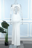 Белое сексуальное вечернее платье в стиле пэчворк с прозрачными спинками и круглым вырезом
