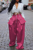 Rosarote Street Solid Patchwork-Taschenknöpfe mit Reißverschluss, lockere, einfarbige Hose mit hoher Taille und weitem Bein