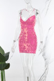 Rose Sexy Bandage Floral Paillettes Patchwork Dos Nu Col En V Enveloppé Jupe Robes