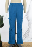 Pantalones casuales de color liso con bolsillo de parches lisos sueltos de cintura alta y pierna ancha azul