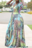 Multicolor Elegante Tie Dye Vendaje Patchwork Cuello en V Una línea Vestidos de talla grande