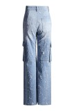 Blue Casual Solid Patchwork High Waist Regular Ripped Cargo Denim Jeans