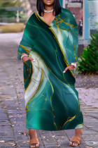 Grön Casual Print Basic V-hals långa klänningar