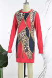 Red Casual Print Basic O Neck Long Sleeve Dresses