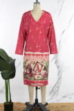 Rode casual print basic jurken met V-hals en lange mouwen