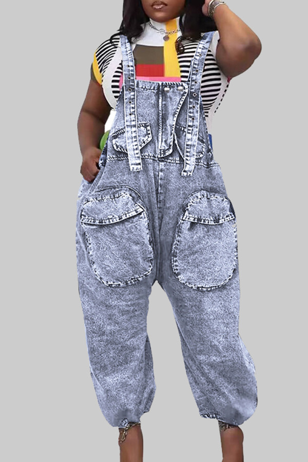 Light Blue Casual Solid Patchwork Pocket Buttons Sleeveless High Wais Loose Denim Overalls Jumpsuits
